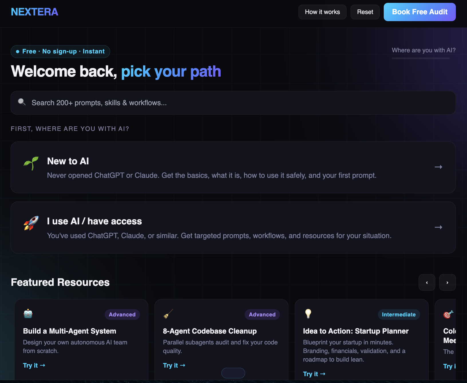 Nextera AI Hub start screen with beginner and experienced paths, search, and featured resources