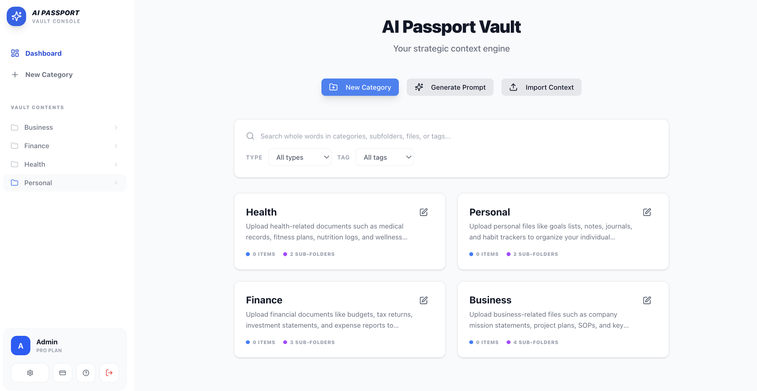 AI Passport vault dashboard with category cards and controls to create, search, and import context