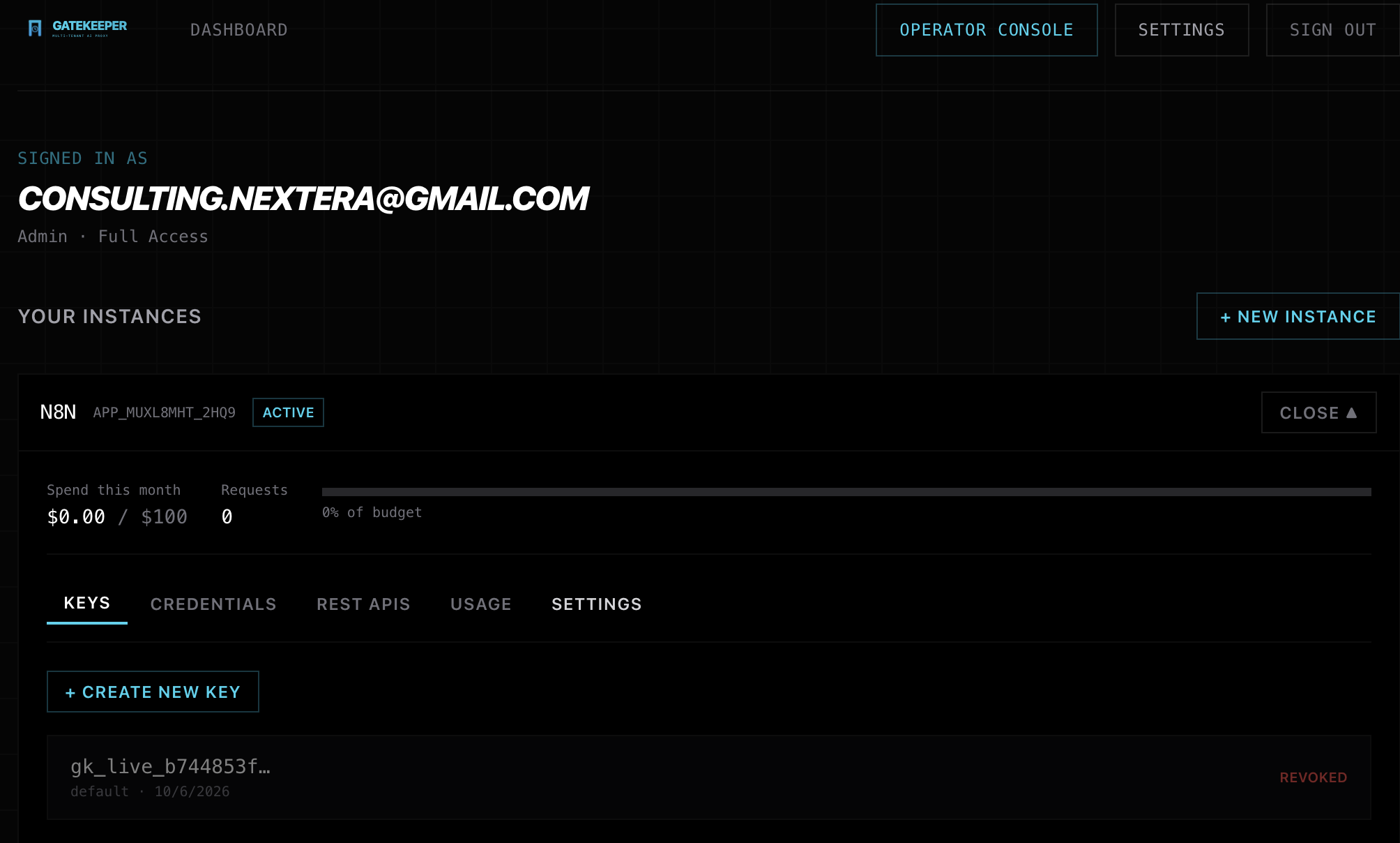 Gatekeeper beta operator console showing an instance, budget display, and key management tabs