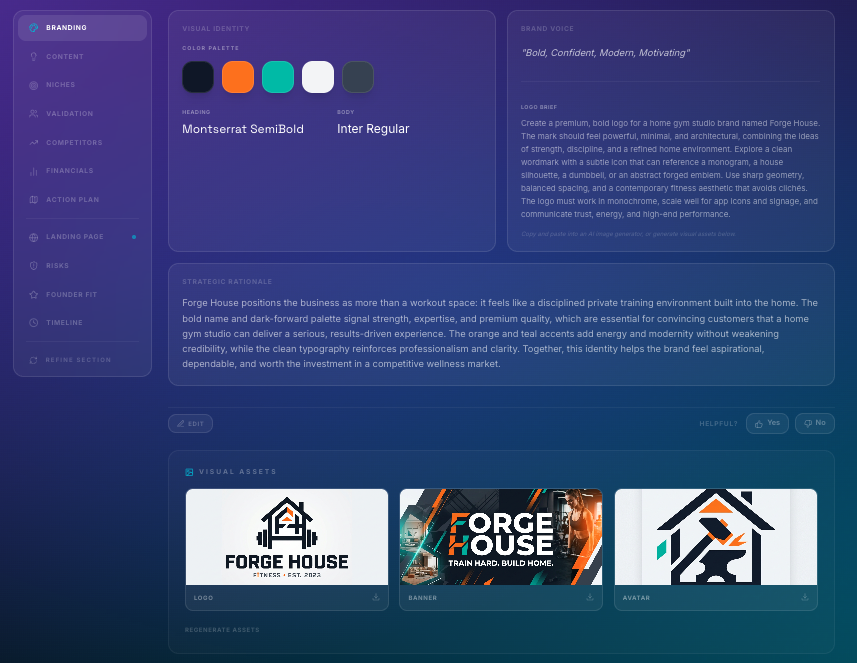 IdeaSpark blueprint showing a brand palette and generated Forge House visual assets