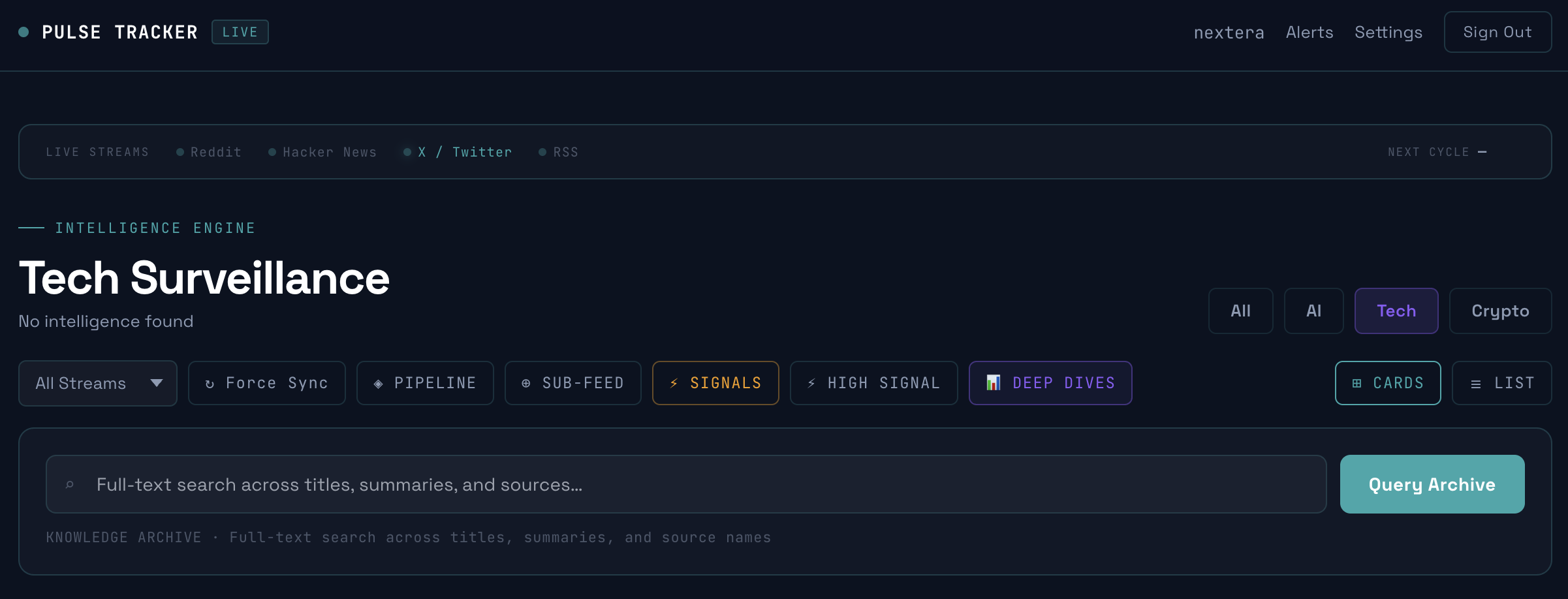 Pulse Tracker development interface with topic filters, source selectors, and an empty intelligence view